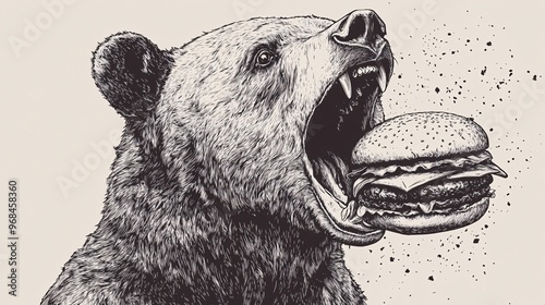 Black and White Illustration of a Bear Eating a Hamburger on a Beige Background 