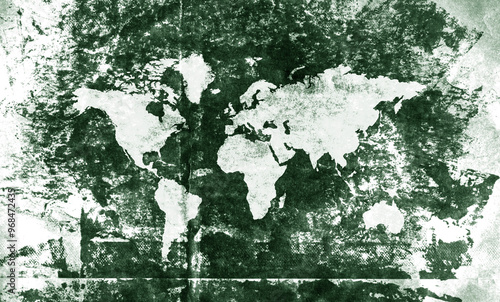 World map on old vintage rough faded green paper. Continents and countries layered with paint and ink like the color of money.