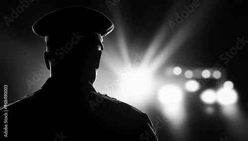 Silhouette of a police officer with lights in the background, representing authority and law enforcement in a dramatic scene.