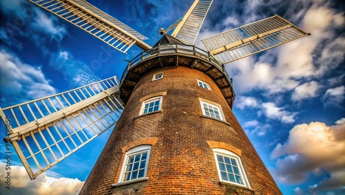 altham windmill a historic landmark situated near Grimsby in North East Lincolnshire is captured in this extreme close up stock photo showcasing intricate architectural details and textured surfaces