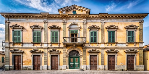 beautiful, columns, historic site, town, Italy, old, windows, urban, building, exterior, historical, detail, Characteristic and ancient facade of a symmetrical building in Aversa Italy