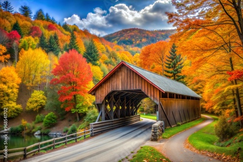 Wooden covered bridge in vibrant autumn forest with red leaves