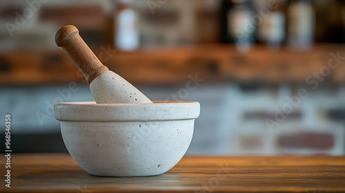 A close-up view of a mortar and pestle set on a rustic wooden table in a cozy kitchen environment