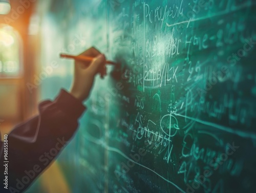 A close-up of a hand writing on a chalkboard filled with mathematical equations in a classroom setting.