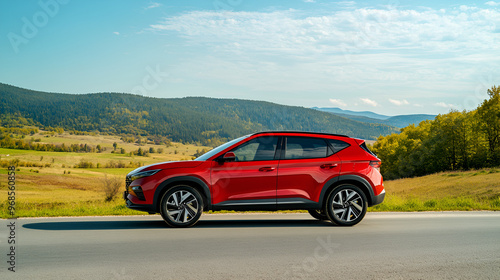 A modern red crossover stands on the road in a beautiful location the car is fully visible against the backdrop of picturesque nature uncluttered background daytime