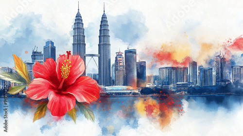 AI generative. A painting effect of a red hibiscus flower and a cityscape of Kuala lumpur twin tower