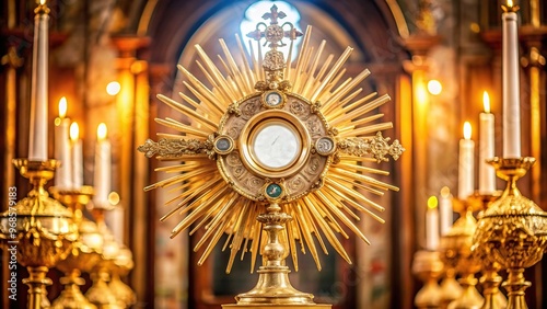 Extreme close up of the Blessed Sacrament adoration in a Catholic Church, religion, prayer, traditional, Catholicism, sacrament, adoration, worship, sacred, altar, religious