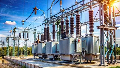 A close up view of a high voltage power transformer substation at eye level, energy distribution, electrical equipment, electrical substation, energy, high voltage, cables