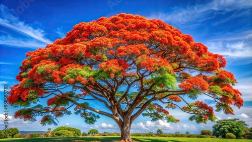 A bright and vibrant Flamboyant also known as the Flame Tree or Royal Poinciana stands tall and symmetrical against a clear blue sky, tall, flowering, beauty, tree, vibrant, tropical