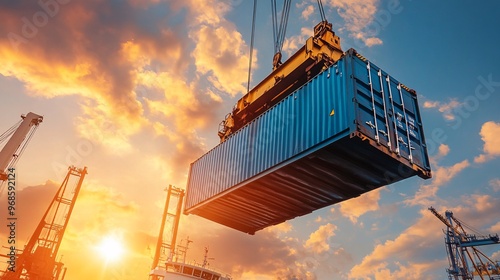 A cargo container being lifted by a crane against a vibrant sunset sky, showcasing industrial activities at a shipping port.