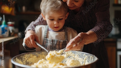 A grandmother and grandchild holding a spoon together, stirring cake batter in a large mixing bowl