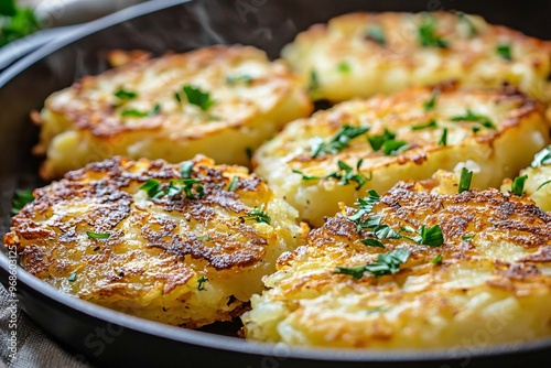 Crispy, golden hash browns sizzle in a skillet, topped with fresh herbs for a mouthwatering morning treat.