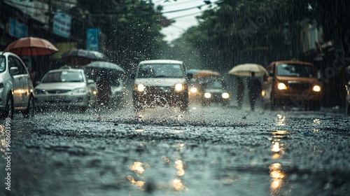 Heavy rains saturate the city street, sending water flying as cars rush by and colorful umbrellas unfold against the overcast sky.