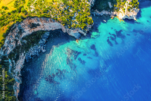 Blue caves on Zakynthos island or Zante Island, Greece. Beautiful views of azure sea water and nature with cliffs cave