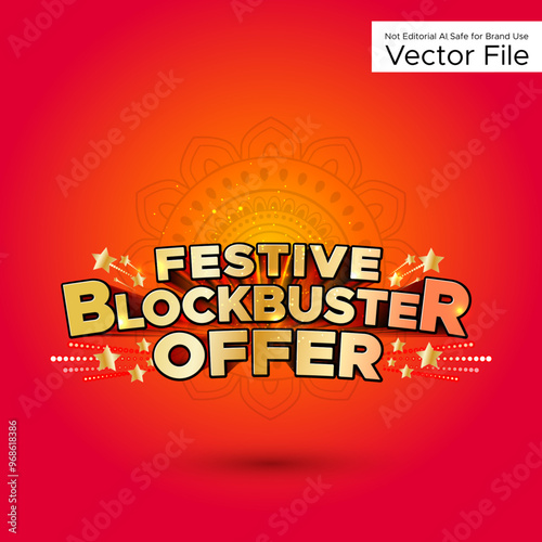 Festive blockbuster offer logo vector illustration. Golden sparkle vintage pattern floral design on vibrant red background.