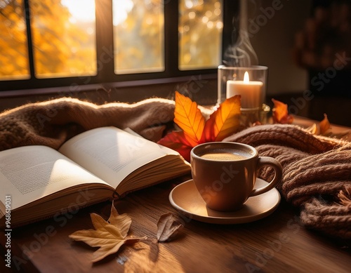 Un primer plano de una mesa rústica de madera con una taza de café humeante y un libro abierto. Alrededor, hojas secas esparcidas, una vela encendida y una bufanda tejida de lana.