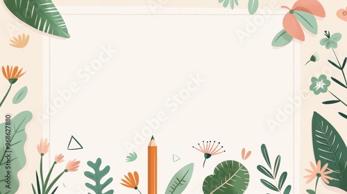 Playful Green Pastel Cartoon Frame Border with Pencil, Pen, and Shamrock Plant Icons on Writing Paper Background - Vector Illustration