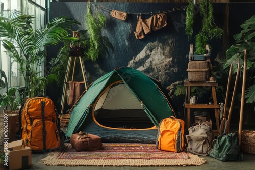 Premium outdoor gear like a high-quality tent and camping equipment set up in a studio with an adventure-themed backdrop