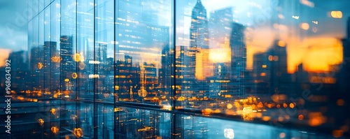 Cityscape Reflection in Glass Building at Sunset