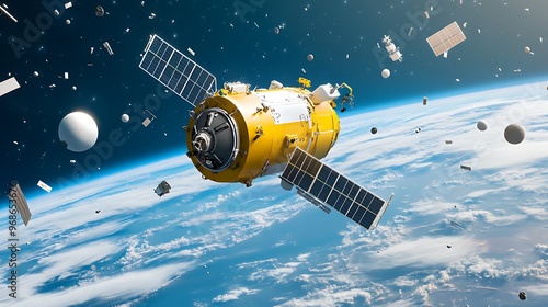 Robotic space junk collection service managing orbital cleanup operations, using autonomous robots to safely remove debris from Earth’s orbit, ensuring safer space travel, 