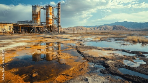 Acid mine drainage causing severe environmental damage with corroded metal structures and polluted soil in a barren industrial area