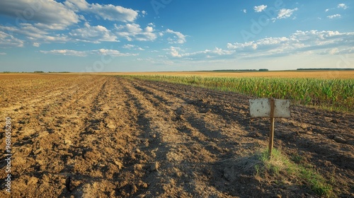 Depiction of abandoned farmland with degraded soil and erosion signs highlighting environmental damage and soil loss