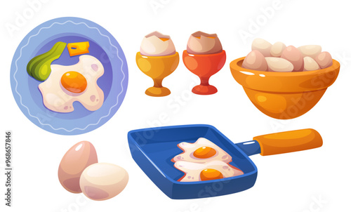 Chicken egg cartoon vector set - whole raw or cooked in bowl, on cup holder with broken shell, frying on pan and ready to eat on plate. Farm bird protein food product ingredient for breakfast.