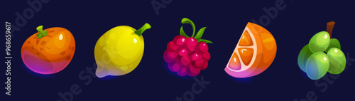 Fruits game ui or casino slot design elements. Cartoon vector illustration set of gambling machine symbols or videogame bonus gift buttons of whole and slice orange, lemon and raspberry, grape bunch.