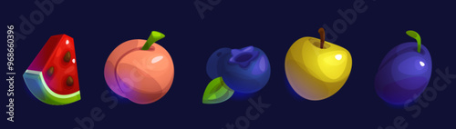 Fruit icon for ui casino slot game cartoon set. Apple, blueberry, watermelon, plum and peach food asset for mobile gamble interface in app to play. Cute and glossy online spin badge object kit