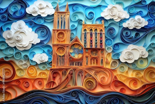 Intricate Paper Cut Quilling of Notre-Dame Cathedral in Paris with Stained Glass and Clouds.