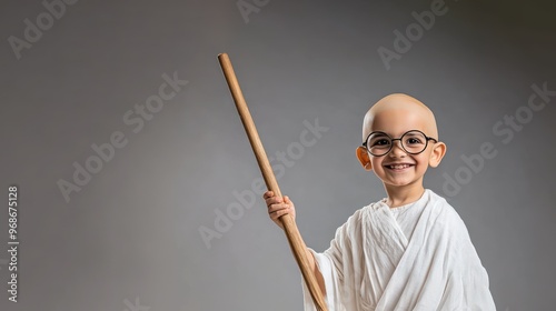 Indian boy dressed as Mahatma Gandhi for a school function, symbolizing peace and leadership, celebrating Gandhi Jayanti, embodying simplicity