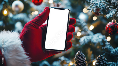 Santa holds a cell phone with a blank screen in his red-gloved hand in front of a Christmas tree with cones and decorations. A mockup of a modern smartphone. The scene is festive and joyful