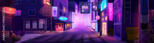 Night city street with neon building background. Perspective town view. Future urban landscape panorama with glow signboard and crosswalk on asphalt road. Dark district architecture backdrop for game