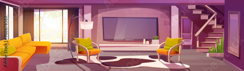 Home living room inside interior design cartoon background. Apartment with staircase to second floor in livingroom. Luxury and fancy lobby with yellow sofa and armchair. Cozy decor and sunlight