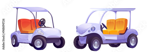 Golf cart for driving on course during training and tournament. Open electric energy buggy for golfer transfer. Cartoon vector illustration set of outdoor sport electricity automobile equipment.