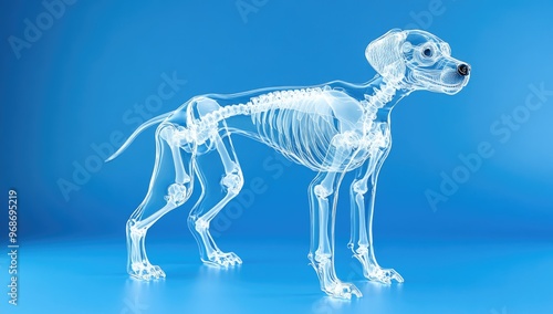 The dog skeleton is made of glass, standing on a blue background, with clear edges and a high-definition illustration style.