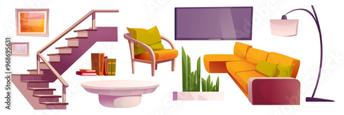 Living room interior furniture and design elements. Cartoon vector illustration set of home or hotel modern cabinetry - yellow sofa and armchair, stairs and tv, table and floor lamp, picture and plant