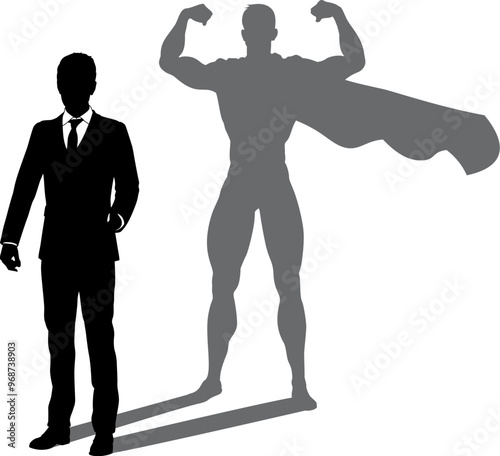 A superhero business man revealed by his shadow silhouette as a super hero in a cape