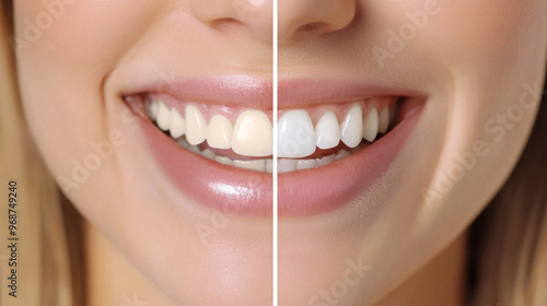 Close-up of a woman's smile showing before and after teeth whitening on a split screen. Concept of dental care and cosmetic treatments