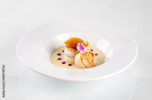 Elegant gourmet dessert with delicate plating on a white plate, featuring ice cream, sauce, and a decorative touch of purple flower.