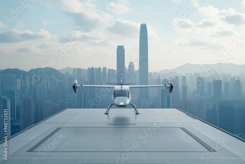 An eVTOL aircraft landing on a rooftop helipad in a modern city, representing the future of urban air mobility and efficient transportation.