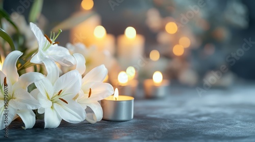 White lily flowers with lit candles on grey background