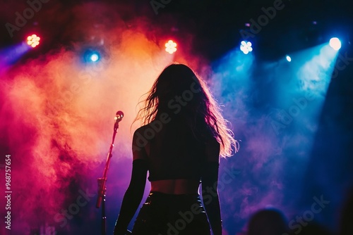 Female singer performing on stage with a vibrant spotlight. The audience and stage lights are visible in the background