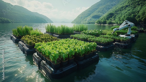 Photorealistic image of a hightech floating farm with crops growing on floating platforms in the middle of a vast lake with robotic arms tending to the plants