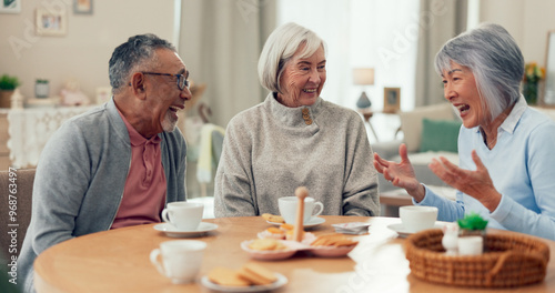 Laugh, tea and senior friends at table for funny conversation, snacks and retirement together in house. Group, party and man speaking with elderly women smile for breakfast, communication and bonding