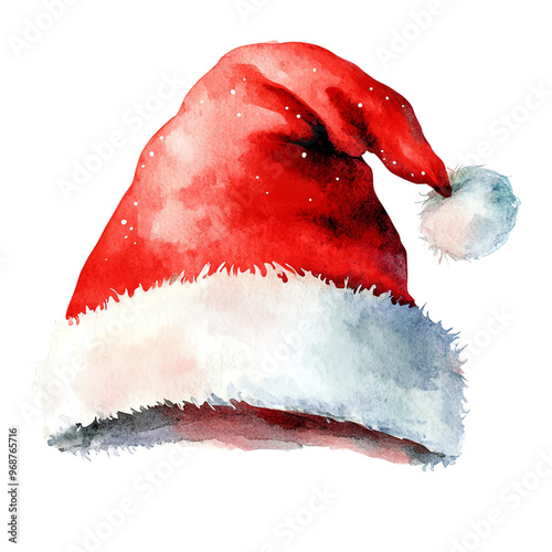 A vibrant watercolor illustration of a classic red Santa hat