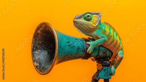 Chameleon perched on vintage megaphone against bright orange background