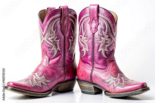 Highly detailed pink cowboy boots adorned with intricate silver stitching, emitting a charm of nostalgia, crafted from supple leather with a worn patina.