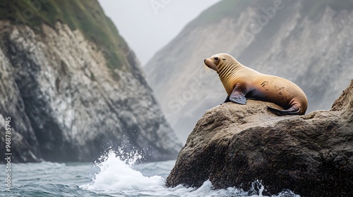 A lone sea lion sits on a rock overlooking a choppy sea with a dramatic cliff in the background.