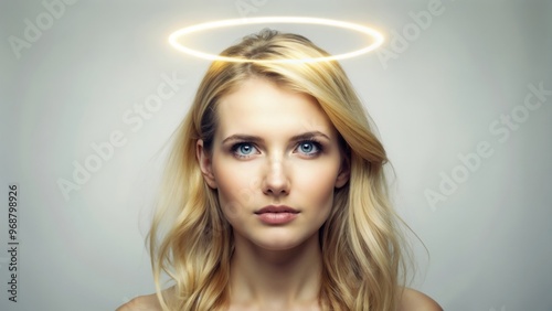 Portrait of blonde woman standing with nimb or halo above head isolated